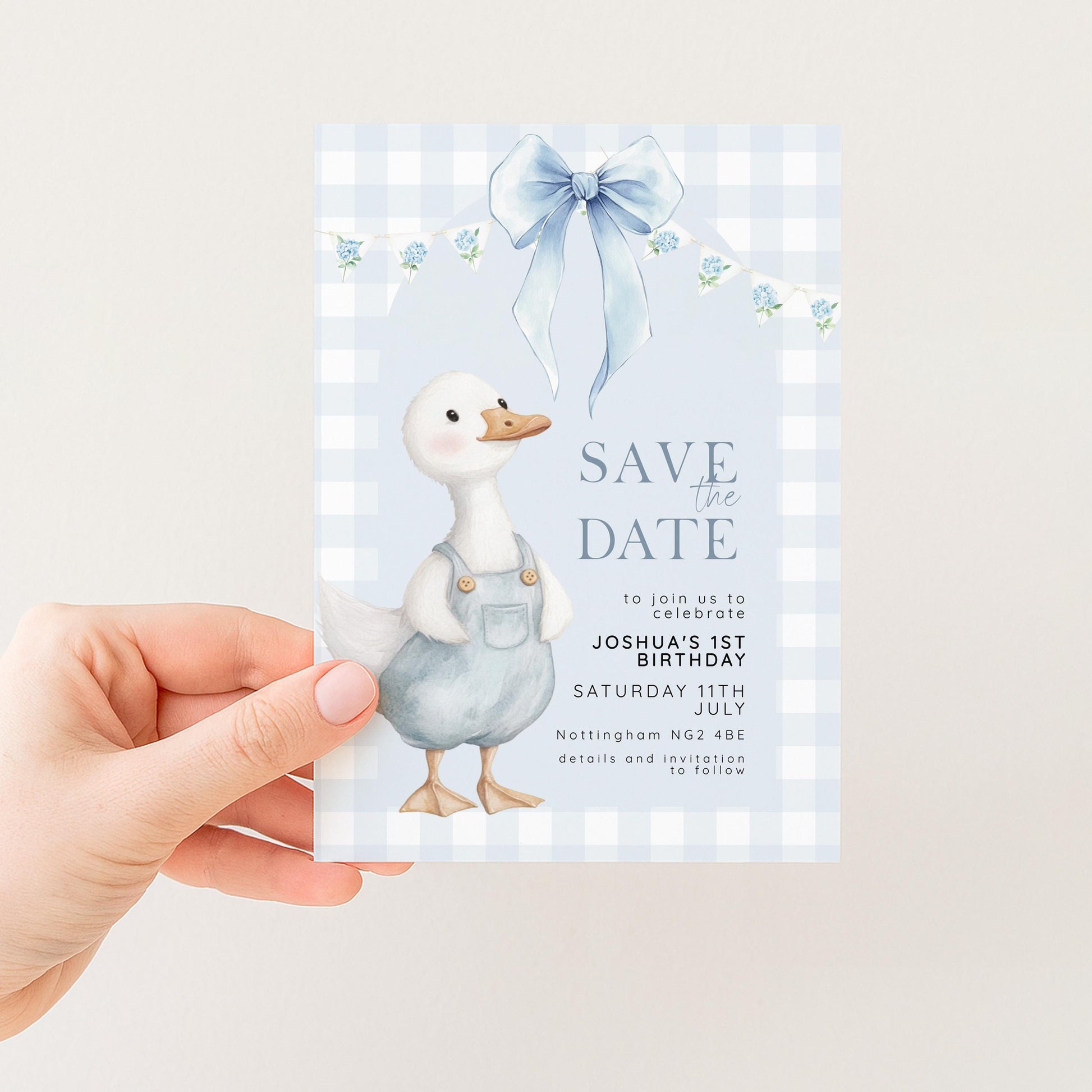 Silly Goose Save the Date Card for 1st Birthday Boy Blue Gingham Editable Template Goose Party Printable Invite Corjl Download SG21