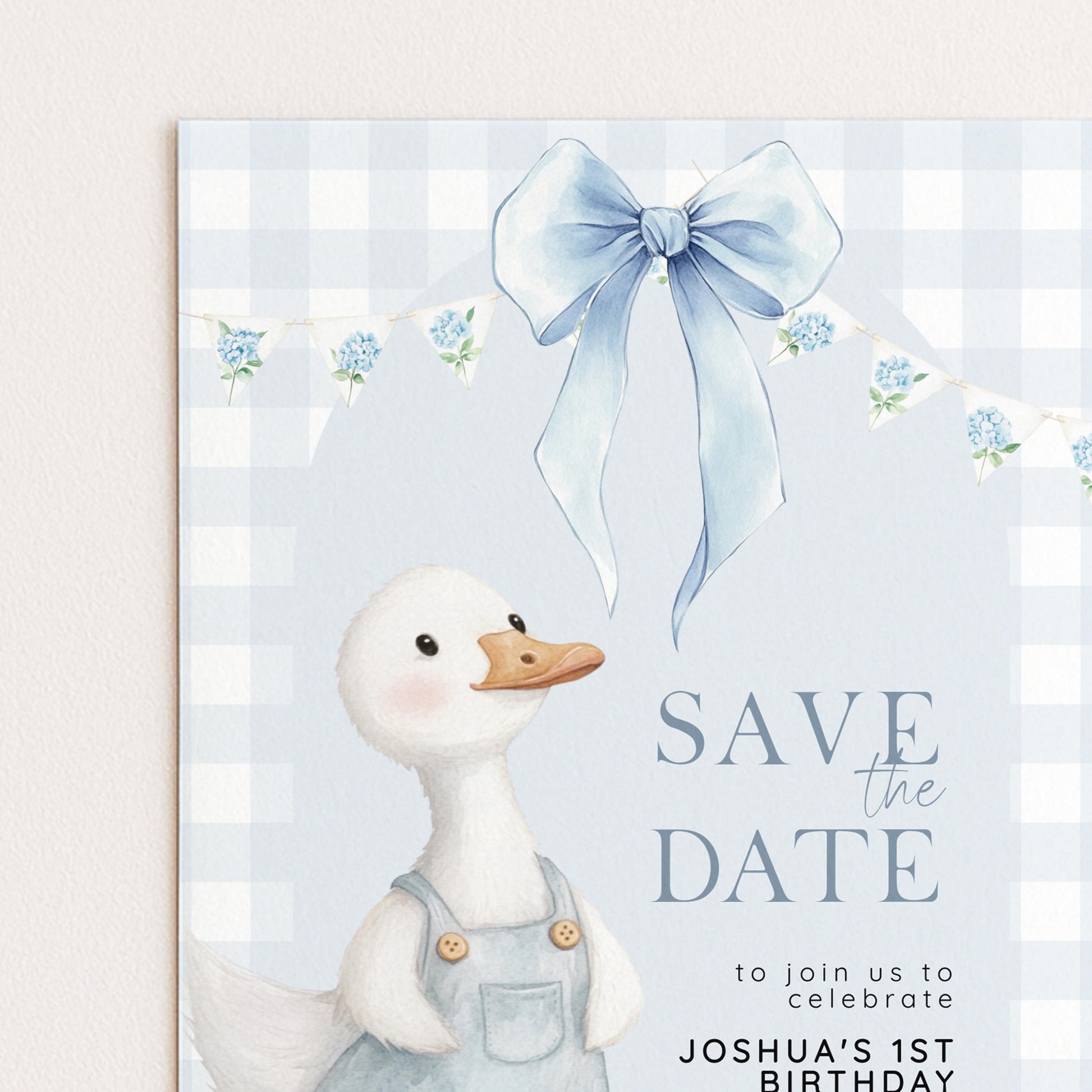 Silly Goose Save the Date Card for 1st Birthday Boy Blue Gingham Editable Template Goose Party Printable Invite Corjl Download SG21