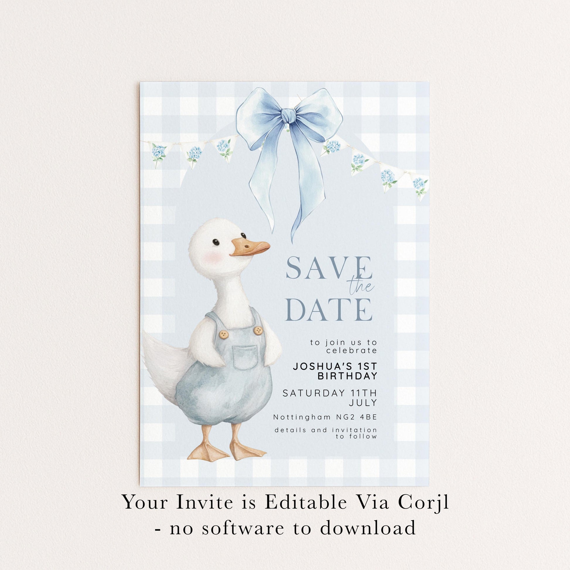 Silly Goose Save the Date Card for 1st Birthday Boy Blue Gingham Editable Template Goose Party Printable Invite Corjl Download SG21