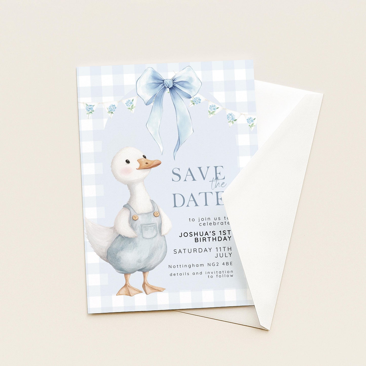 Silly Goose Save the Date Card for 1st Birthday Boy Blue Gingham Editable Template Goose Party Printable Invite Corjl Download SG21
