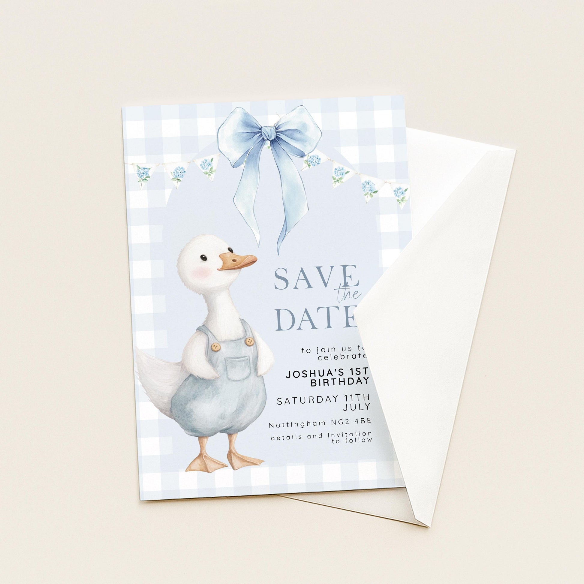 Silly Goose Save the Date Card for 1st Birthday Boy Blue Gingham Editable Template Goose Party Printable Invite Corjl Download SG21