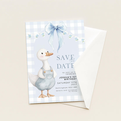 Silly Goose Save the Date Card for 1st Birthday Boy Blue Gingham Editable Template Goose Party Printable Invite Corjl Download SG21