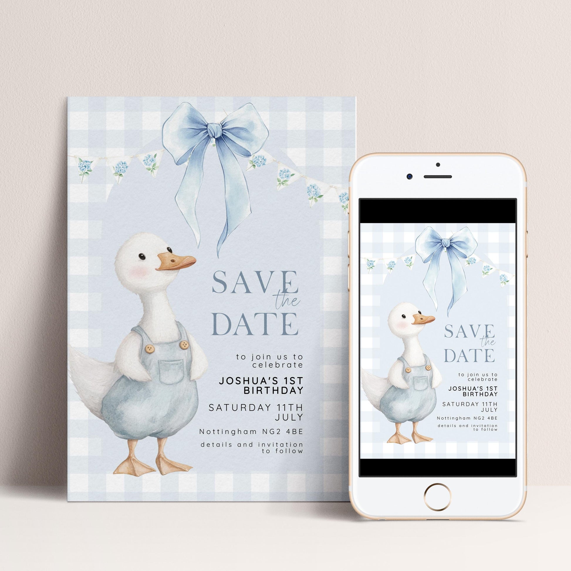 Silly Goose Save the Date Card for 1st Birthday Boy Blue Gingham Editable Template Goose Party Printable Invite Corjl Download SG21