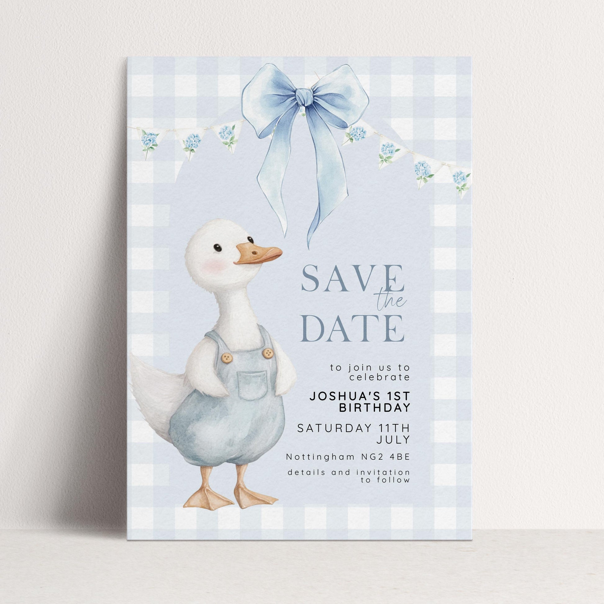 Silly Goose Save the Date Card for 1st Birthday Boy Blue Gingham Editable Template Goose Party Printable Invite Corjl Download SG21
