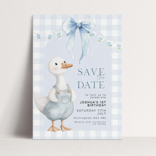 Silly Goose Save the Date Card for 1st Birthday Boy Blue Gingham Editable Template Goose Party Printable Invite Corjl Download SG21