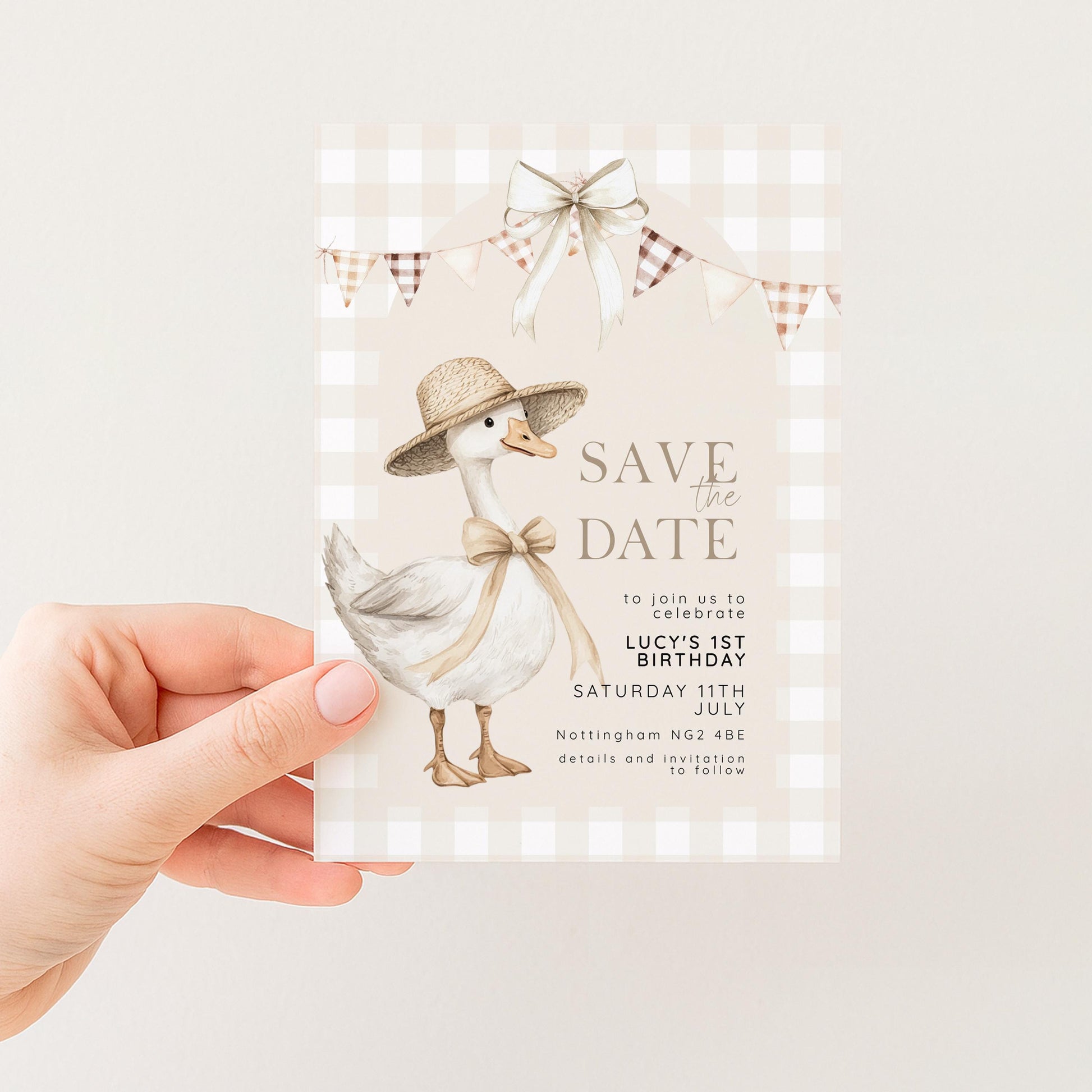 Silly Goose Save the Date Card for 1st Birthday, Neutral Gingham Editable Invitation, Farm Theme Corjl Template, Printable Invite SG21