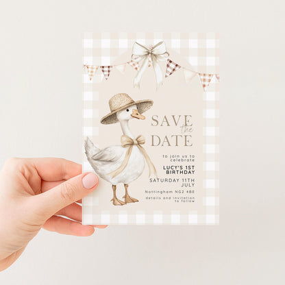 Silly Goose Save the Date Card for 1st Birthday, Neutral Gingham Editable Invitation, Farm Theme Corjl Template, Printable Invite SG21
