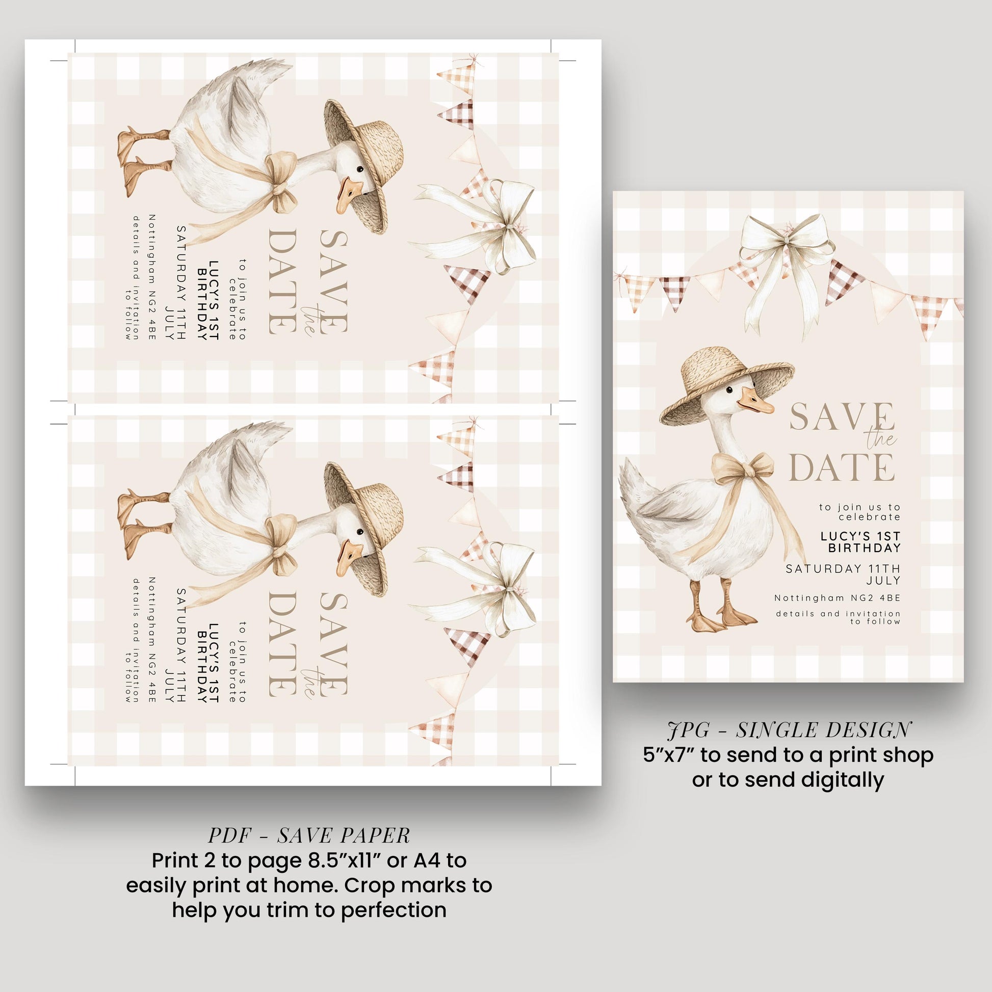 Silly Goose Save the Date Card for 1st Birthday, Neutral Gingham Editable Invitation, Farm Theme Corjl Template, Printable Invite SG21