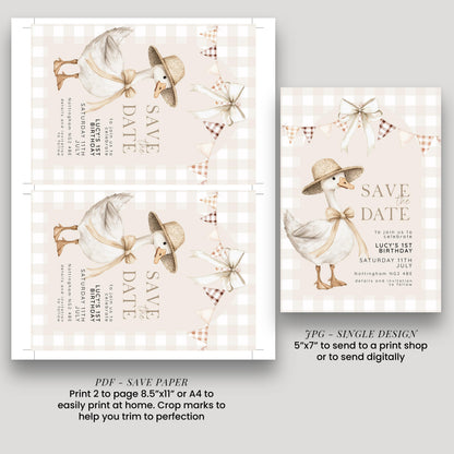 Silly Goose Save the Date Card for 1st Birthday, Neutral Gingham Editable Invitation, Farm Theme Corjl Template, Printable Invite SG21