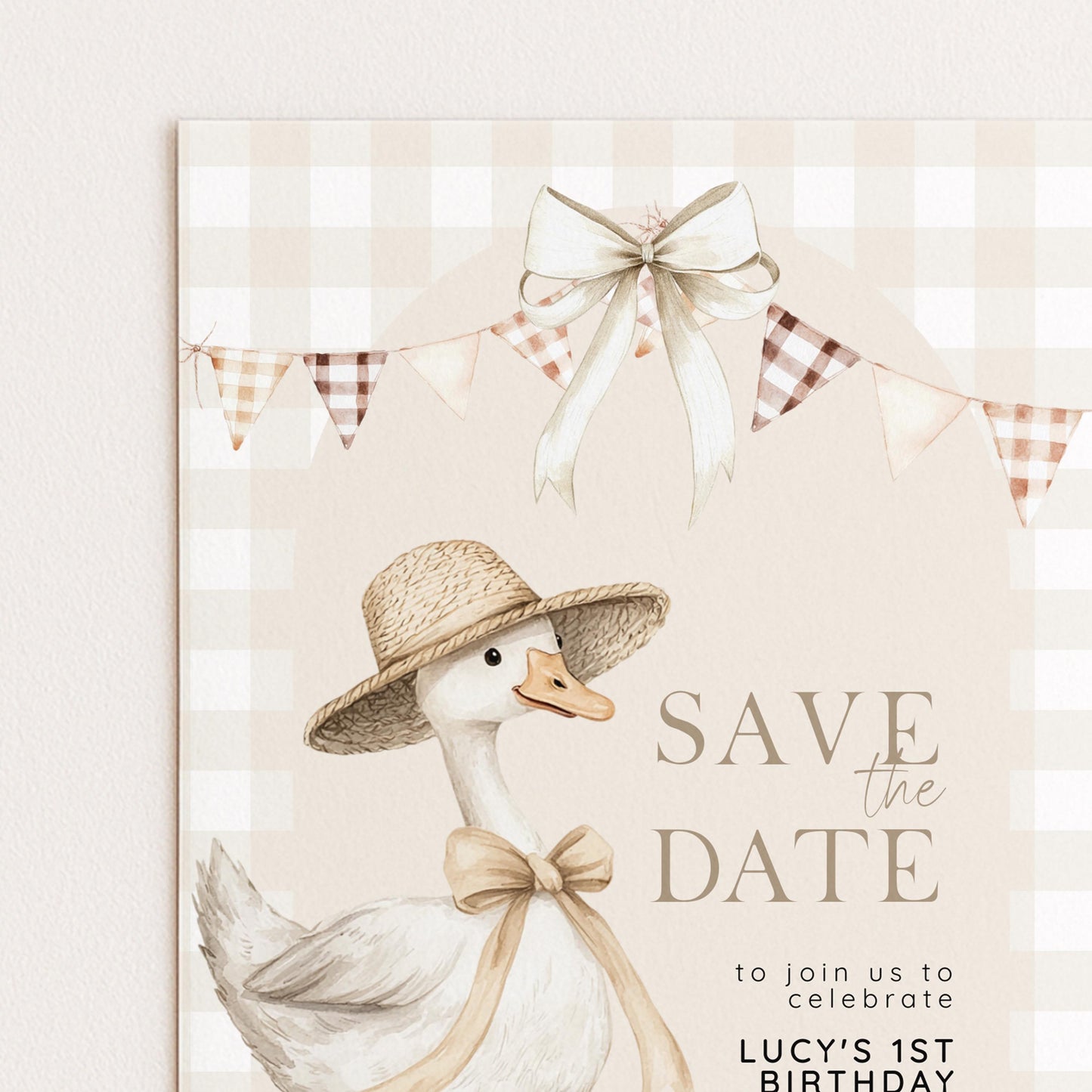 Silly Goose Save the Date Card for 1st Birthday, Neutral Gingham Editable Invitation, Farm Theme Corjl Template, Printable Invite SG21
