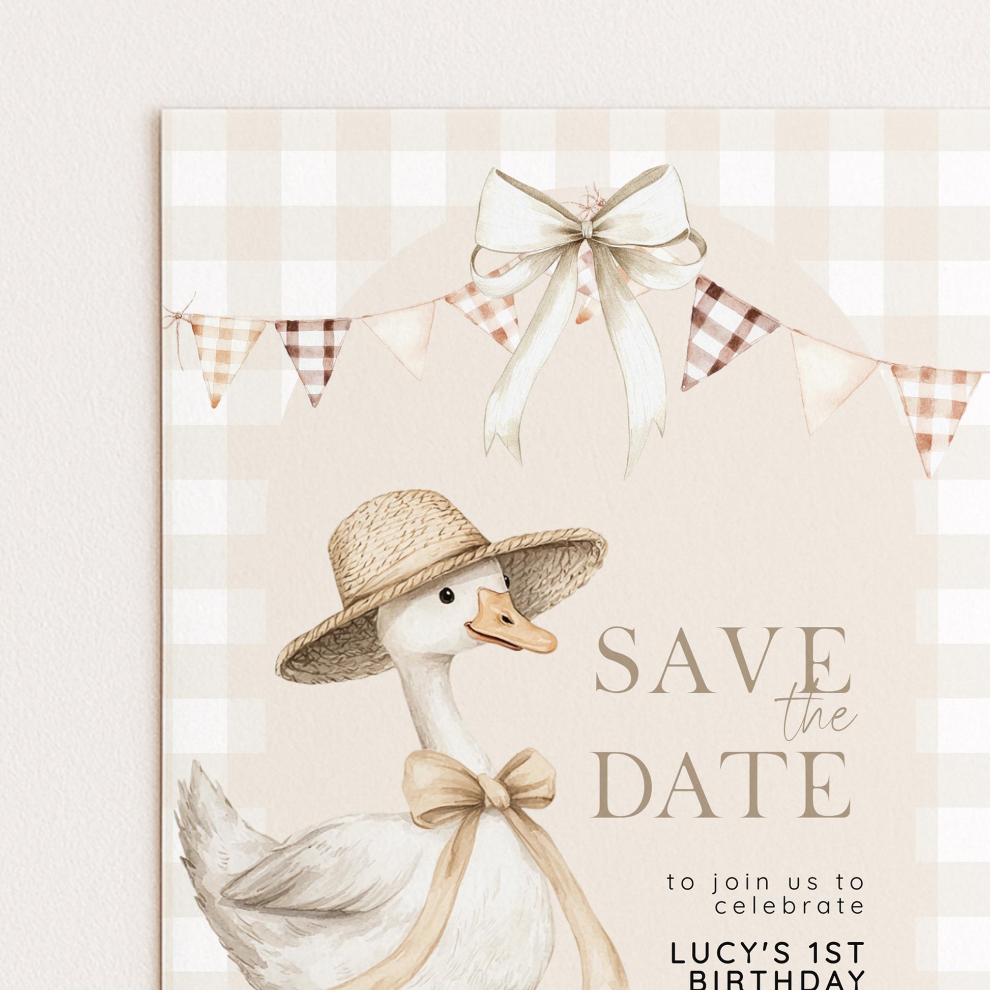 Silly Goose Save the Date Card for 1st Birthday, Neutral Gingham Editable Invitation, Farm Theme Corjl Template, Printable Invite SG21
