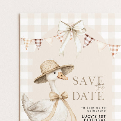 Silly Goose Save the Date Card for 1st Birthday, Neutral Gingham Editable Invitation, Farm Theme Corjl Template, Printable Invite SG21