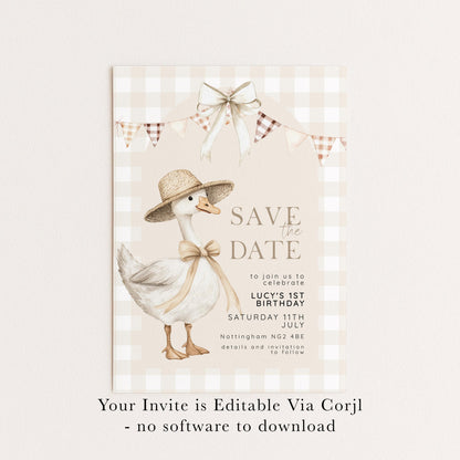 Silly Goose Save the Date Card for 1st Birthday, Neutral Gingham Editable Invitation, Farm Theme Corjl Template, Printable Invite SG21