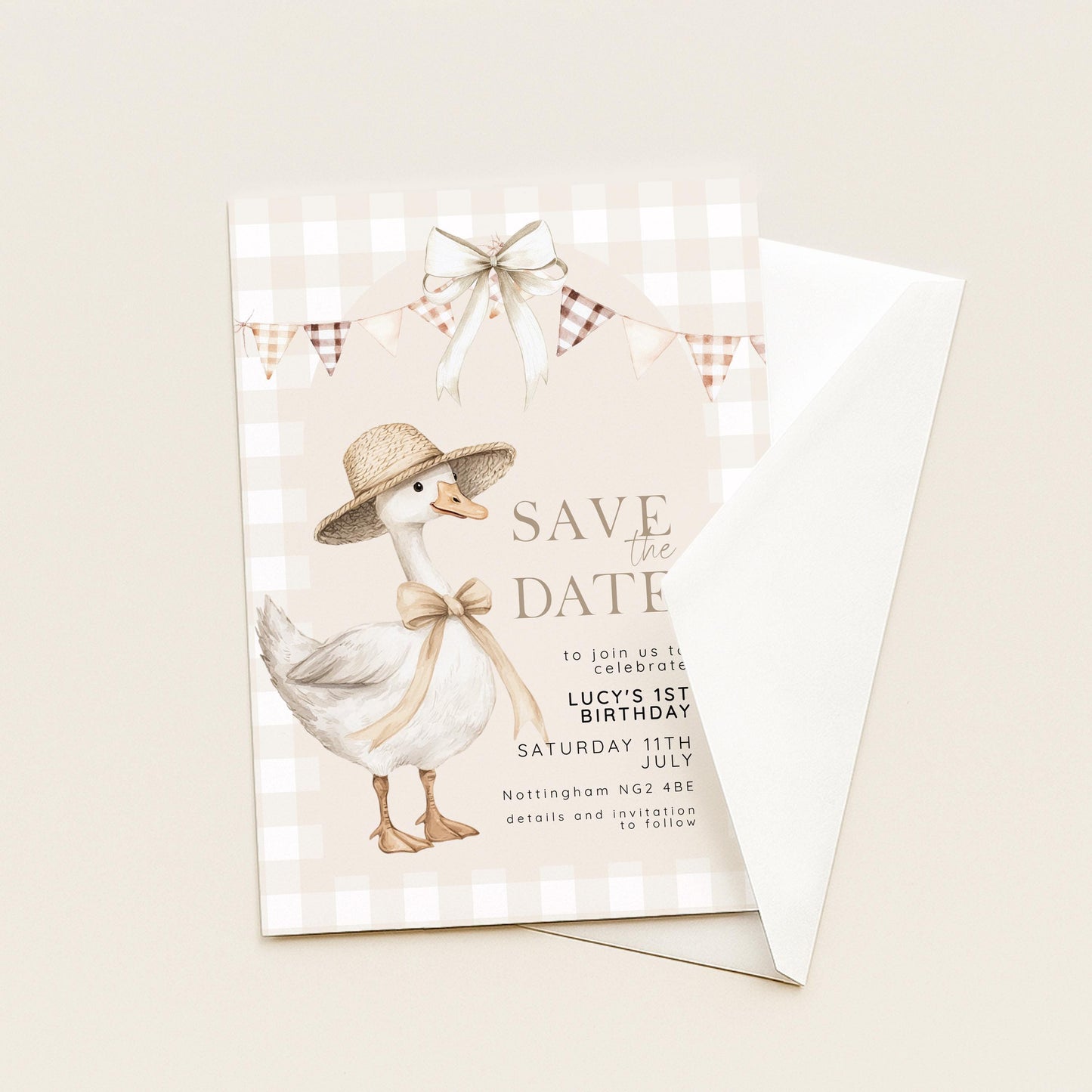 Silly Goose Save the Date Card for 1st Birthday, Neutral Gingham Editable Invitation, Farm Theme Corjl Template, Printable Invite SG21