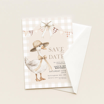 Silly Goose Save the Date Card for 1st Birthday, Neutral Gingham Editable Invitation, Farm Theme Corjl Template, Printable Invite SG21