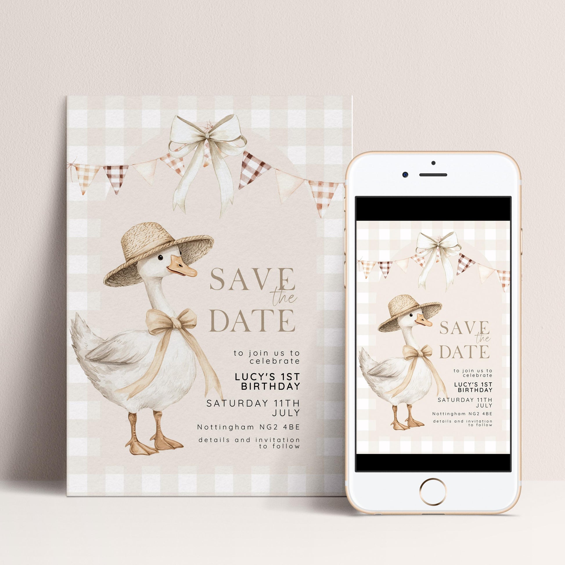 Silly Goose Save the Date Card for 1st Birthday, Neutral Gingham Editable Invitation, Farm Theme Corjl Template, Printable Invite SG21