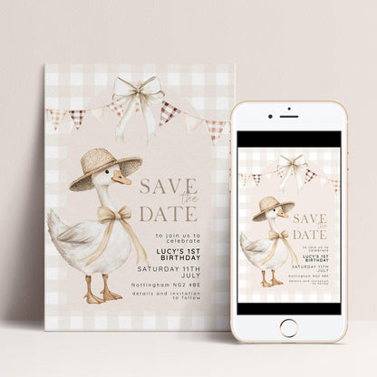 Silly Goose Save the Date Card for 1st Birthday, Neutral Gingham Editable Invitation, Farm Theme Corjl Template, Printable Invite SG21