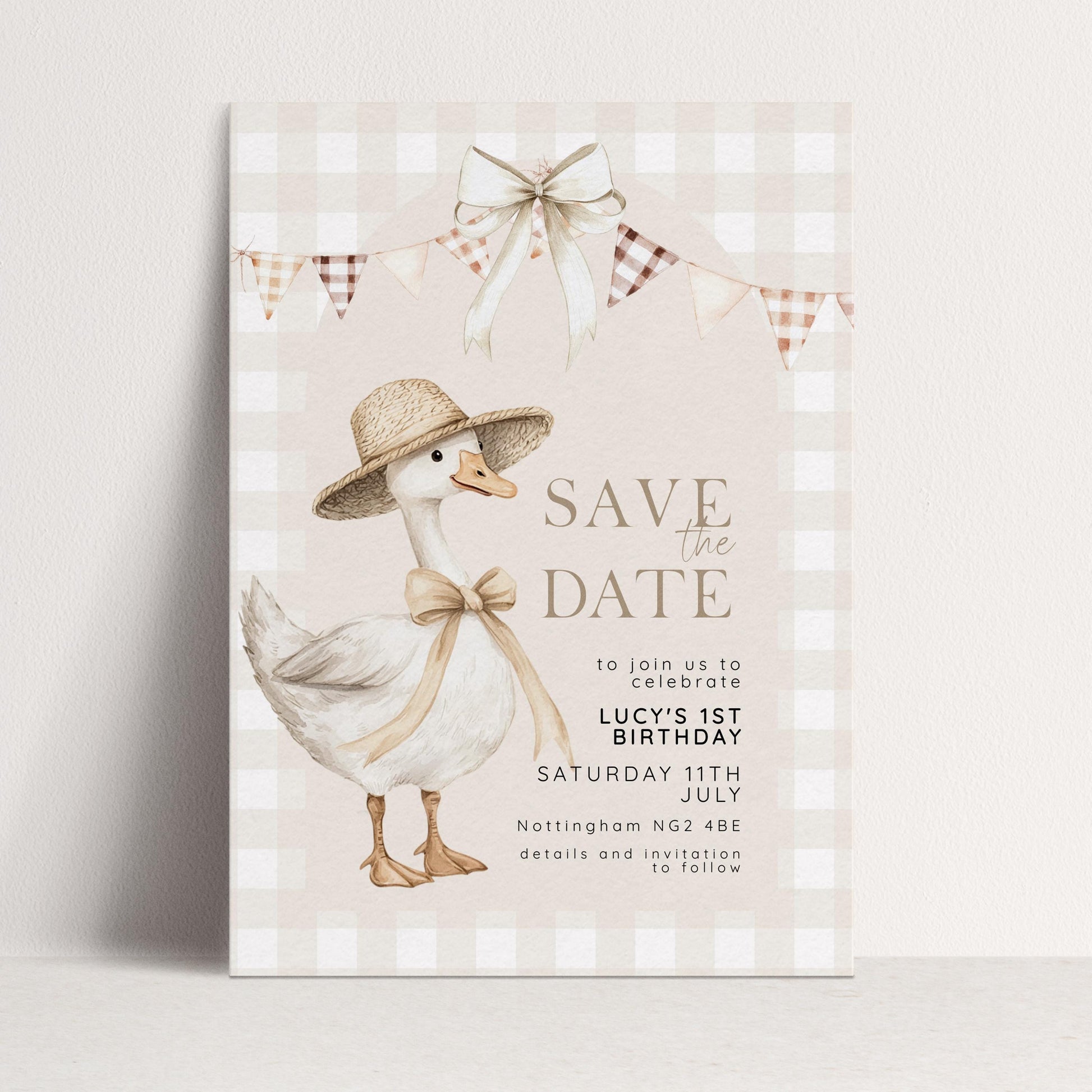 Silly Goose Save the Date Card for 1st Birthday, Neutral Gingham Editable Invitation, Farm Theme Corjl Template, Printable Invite SG21