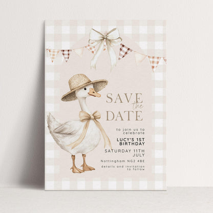 Silly Goose Save the Date Card for 1st Birthday, Neutral Gingham Editable Invitation, Farm Theme Corjl Template, Printable Invite SG21