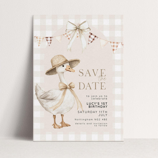 Silly Goose Save the Date Card for 1st Birthday, Neutral Gingham Editable Invitation, Farm Theme Corjl Template, Printable Invite SG21