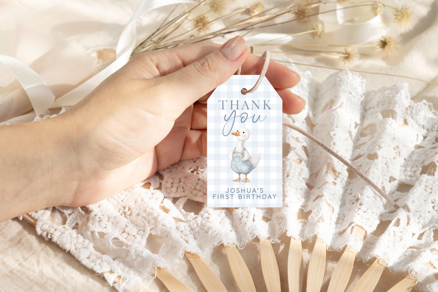 Silly Goose Thank You Tag Blue, Gingham 1st Birthday Favor Tag Template for Boys, Editable Corjl Goose Gift Tag Instant Download SG21