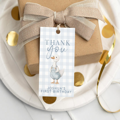 Silly Goose Thank You Tag Blue, Gingham 1st Birthday Favor Tag Template for Boys, Editable Corjl Goose Gift Tag Instant Download SG21