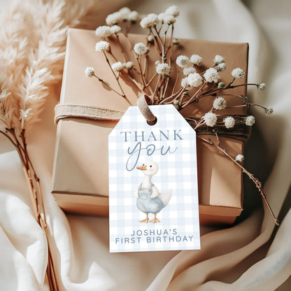 Silly Goose Thank You Tag Blue, Gingham 1st Birthday Favor Tag Template for Boys, Editable Corjl Goose Gift Tag Instant Download SG21