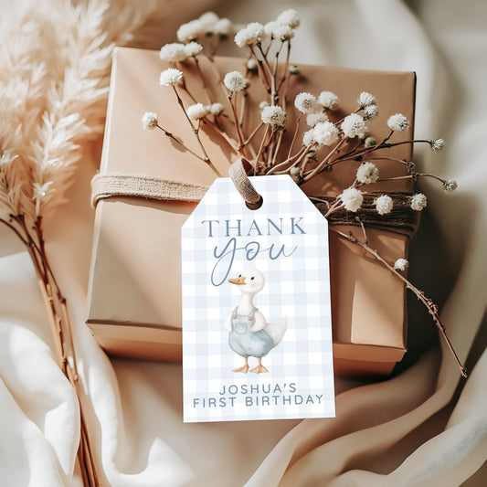 Silly Goose Thank You Tag Blue, Gingham 1st Birthday Favor Tag Template for Boys, Editable Corjl Goose Gift Tag Instant Download SG21