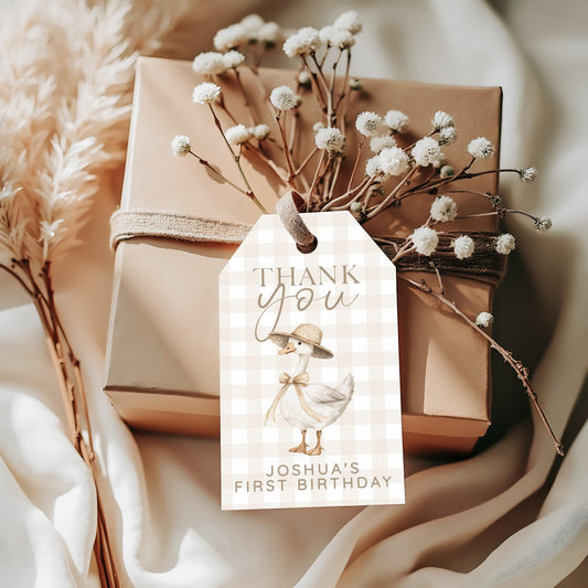 Silly Goose Thank You Tag Neutral, Beige Gingham 1st Birthday Favor Tag Template, Editable Corjl Goose Gift Tag Instant Download SG21