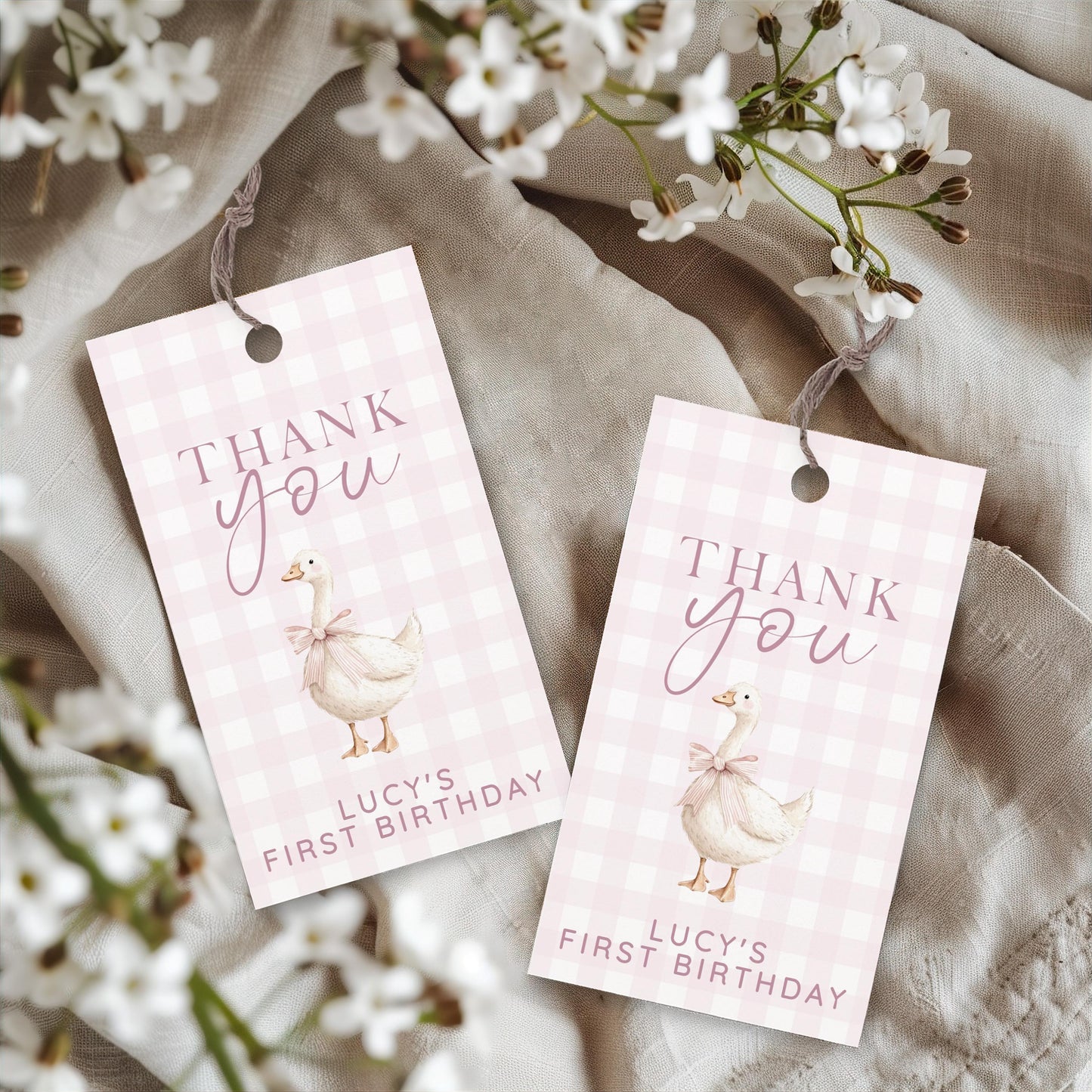 Silly Goose Thank You Tag Pink, Gingham 1st Birthday Favor Tag Template for Girls, Editable Corjl Gift Tag Download for Baby Girl SG21
