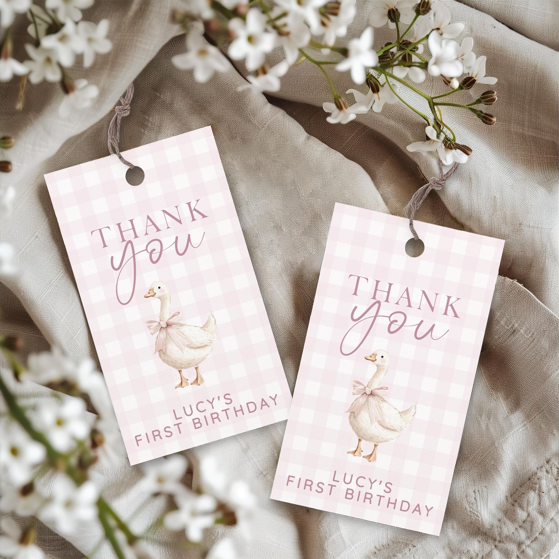 Silly Goose Thank You Tag Pink, Gingham 1st Birthday Favor Tag Template for Girls, Editable Corjl Gift Tag Download for Baby Girl SG21