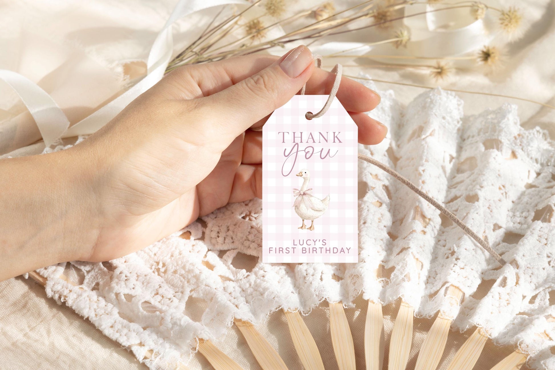 Silly Goose Thank You Tag Pink, Gingham 1st Birthday Favor Tag Template for Girls, Editable Corjl Gift Tag Download for Baby Girl SG21