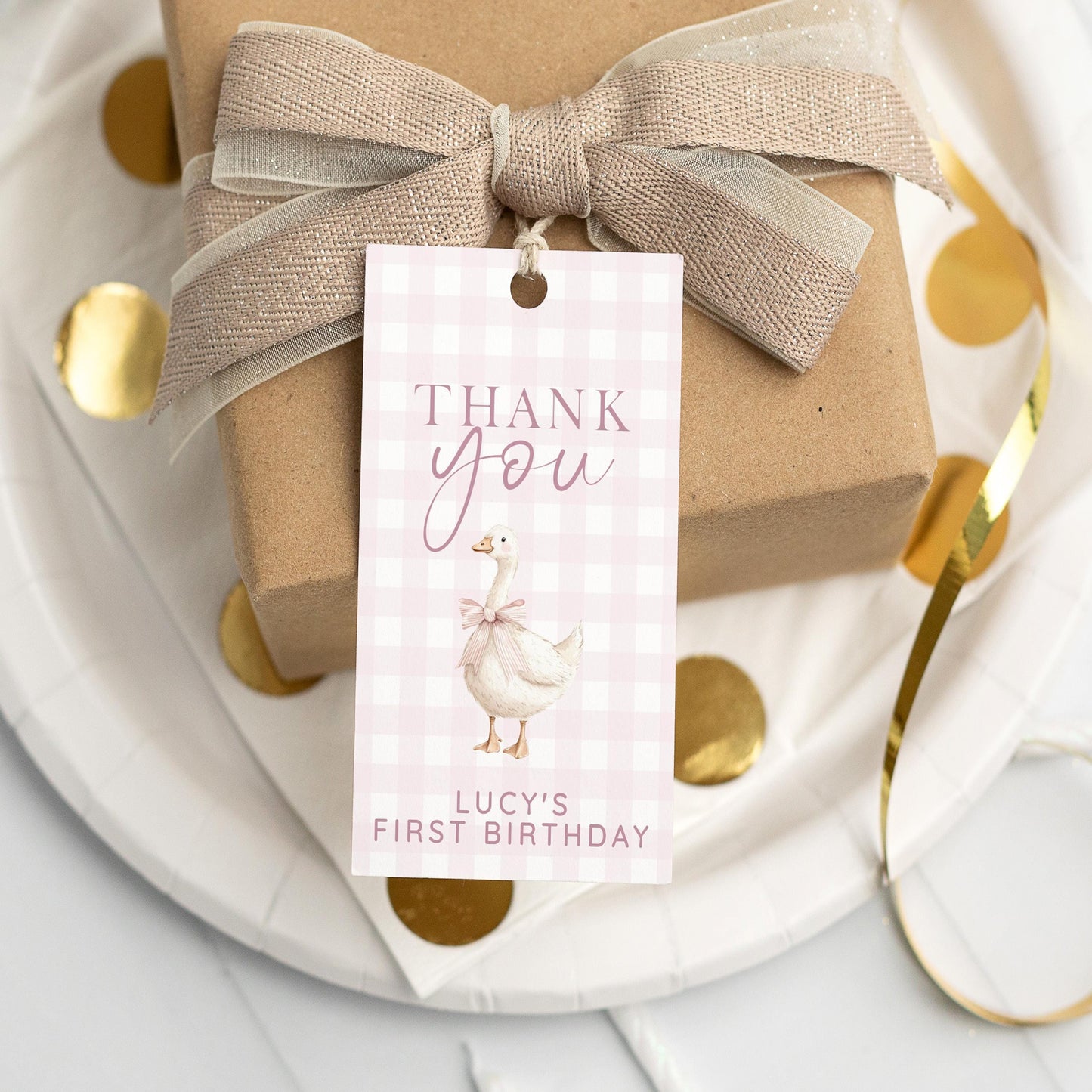 Silly Goose Thank You Tag Pink, Gingham 1st Birthday Favor Tag Template for Girls, Editable Corjl Gift Tag Download for Baby Girl SG21