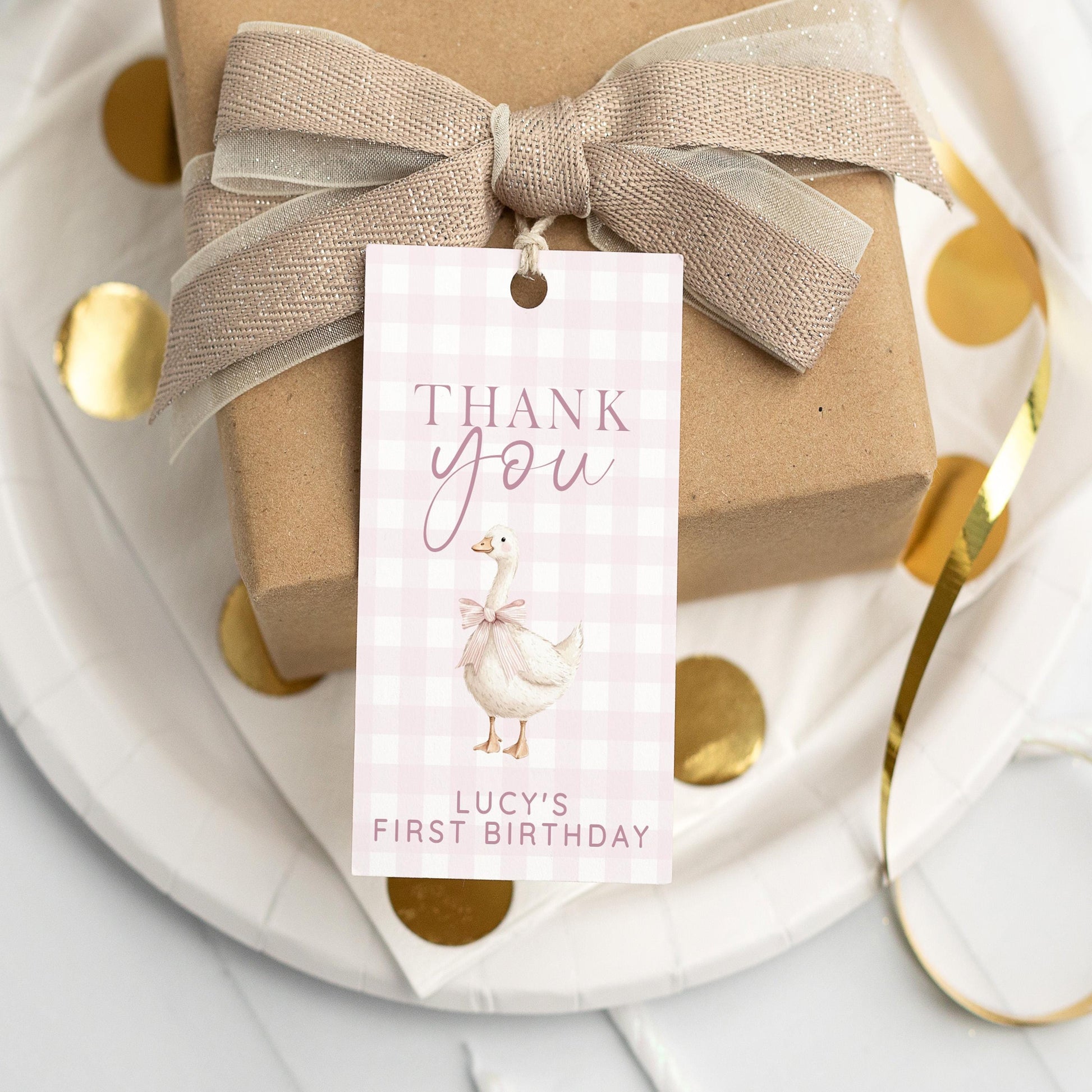 Silly Goose Thank You Tag Pink, Gingham 1st Birthday Favor Tag Template for Girls, Editable Corjl Gift Tag Download for Baby Girl SG21