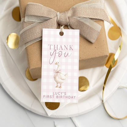 Silly Goose Thank You Tag Pink, Gingham 1st Birthday Favor Tag Template for Girls, Editable Corjl Gift Tag Download for Baby Girl SG21