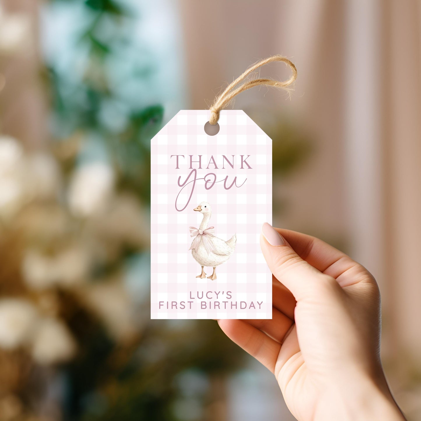 Silly Goose Thank You Tag Pink, Gingham 1st Birthday Favor Tag Template for Girls, Editable Corjl Gift Tag Download for Baby Girl SG21