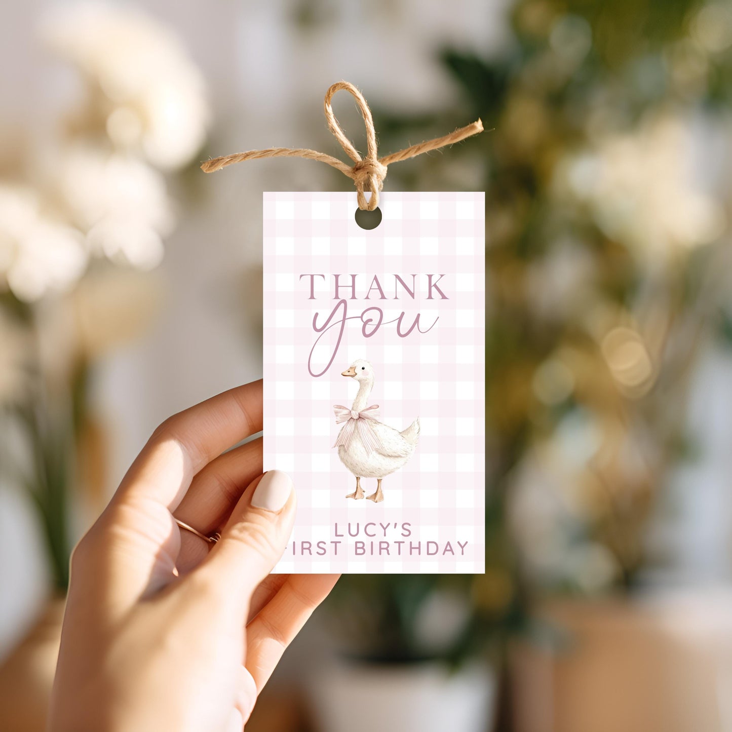 Silly Goose Thank You Tag Pink, Gingham 1st Birthday Favor Tag Template for Girls, Editable Corjl Gift Tag Download for Baby Girl SG21