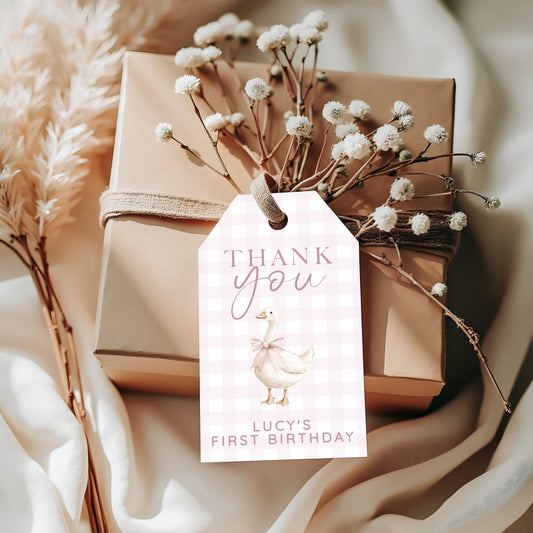 Pink gingham silly goose thank you tag with girl goose and bow, tied to kraft gift box with ribbon