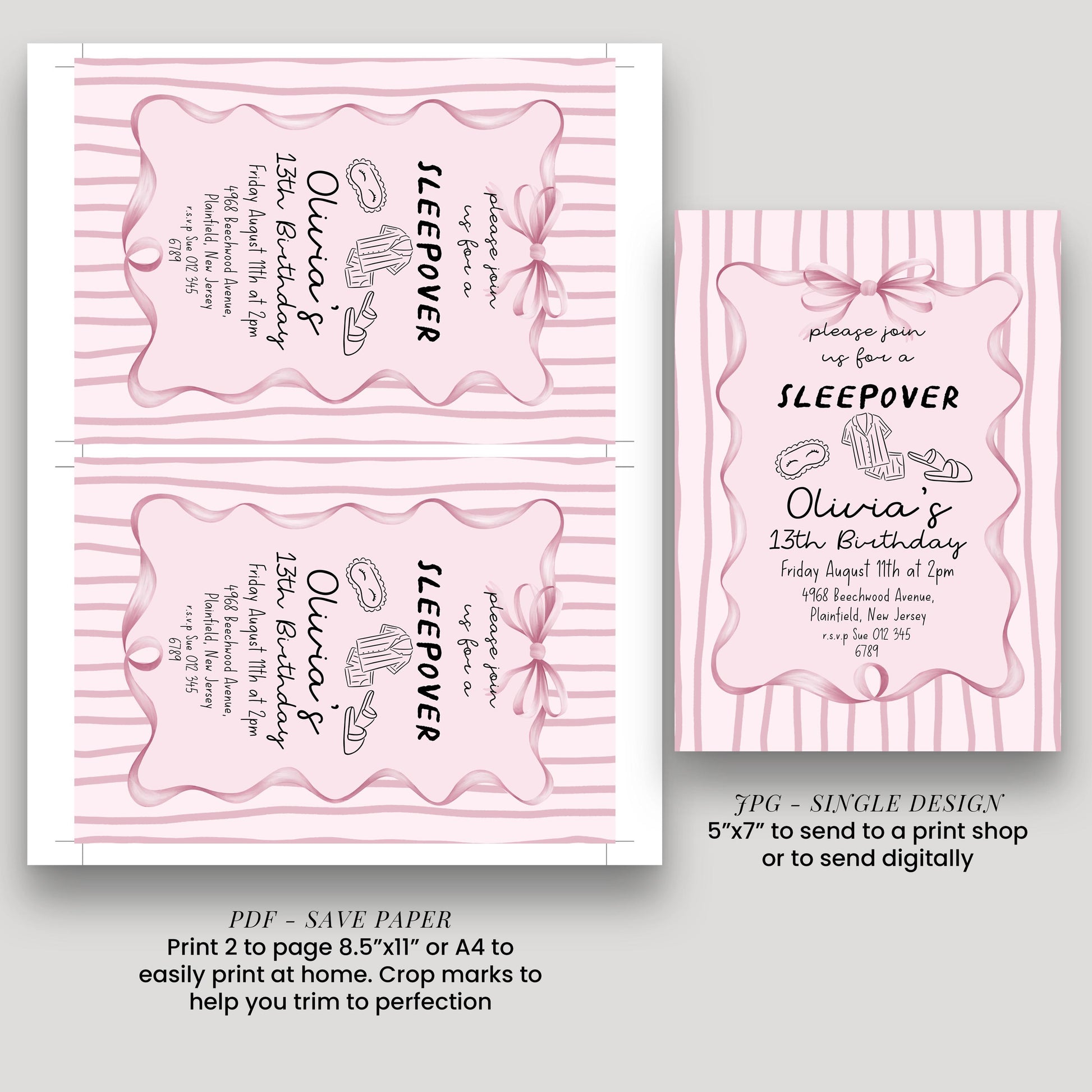 Sleepover Birthday Invitation Girl, 13th Birthday Sleepover Invite, Pink Slumber Party Invite, Teen Girl Party Editable Corjl