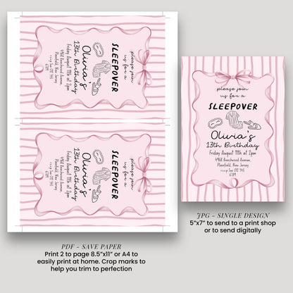 Sleepover Birthday Invitation Girl, 13th Birthday Sleepover Invite, Pink Slumber Party Invite, Teen Girl Party Editable Corjl