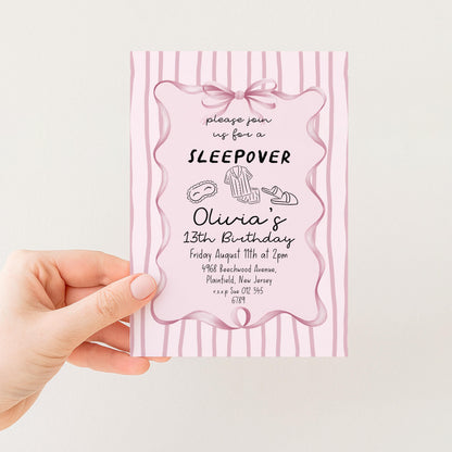 Sleepover Birthday Invitation Girl, 13th Birthday Sleepover Invite, Pink Slumber Party Invite, Teen Girl Party Editable Corjl