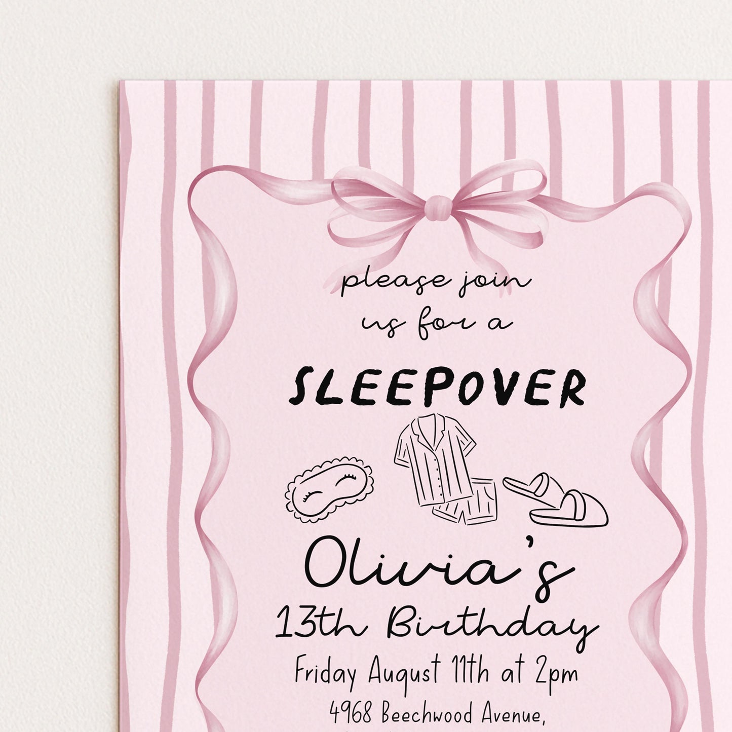 Sleepover Birthday Invitation Girl, 13th Birthday Sleepover Invite, Pink Slumber Party Invite, Teen Girl Party Editable Corjl