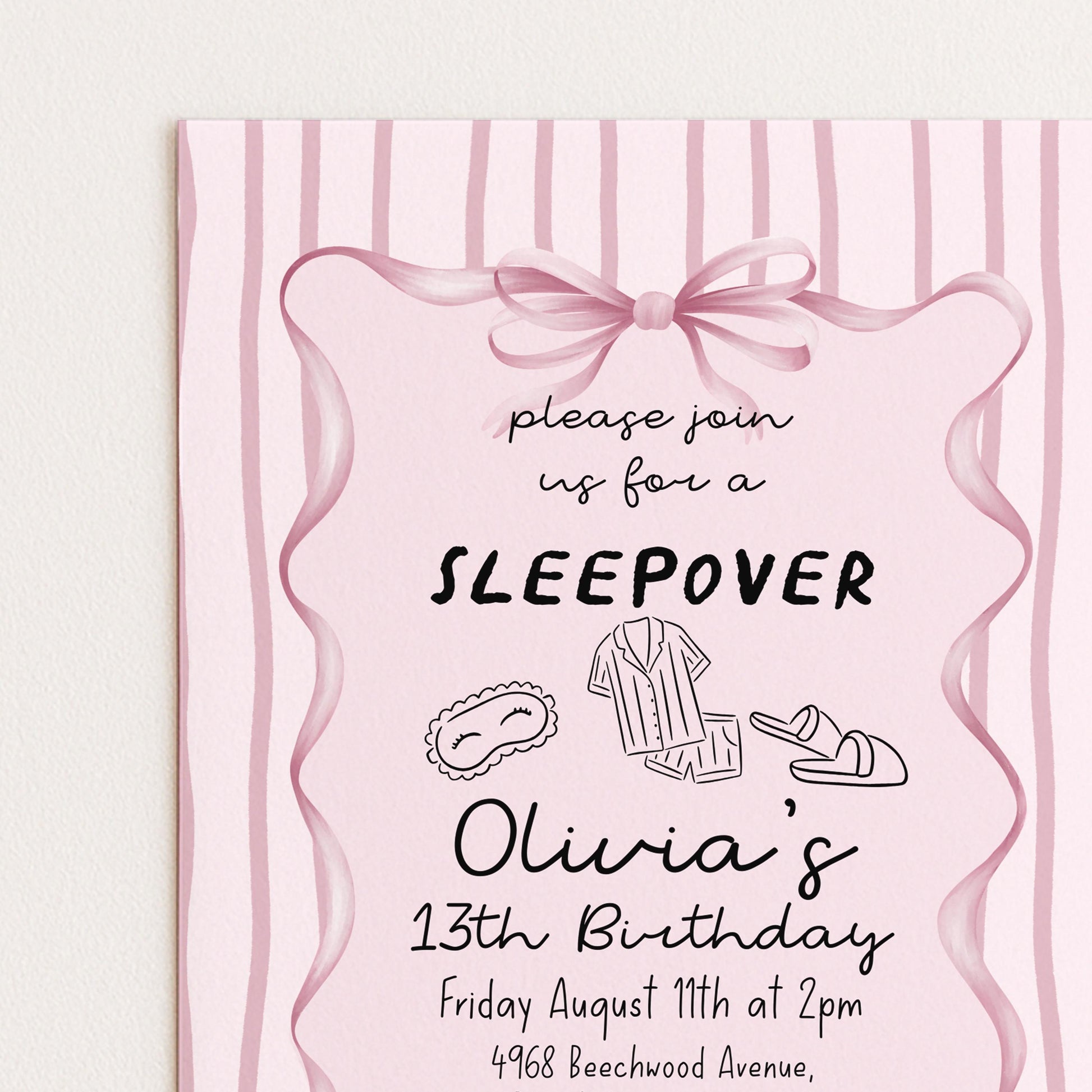 Sleepover Birthday Invitation Girl, 13th Birthday Sleepover Invite, Pink Slumber Party Invite, Teen Girl Party Editable Corjl