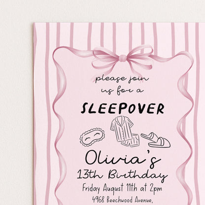 Sleepover Birthday Invitation Girl, 13th Birthday Sleepover Invite, Pink Slumber Party Invite, Teen Girl Party Editable Corjl
