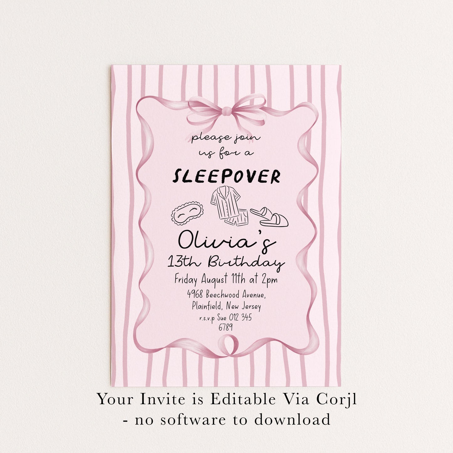 Sleepover Birthday Invitation Girl, 13th Birthday Sleepover Invite, Pink Slumber Party Invite, Teen Girl Party Editable Corjl