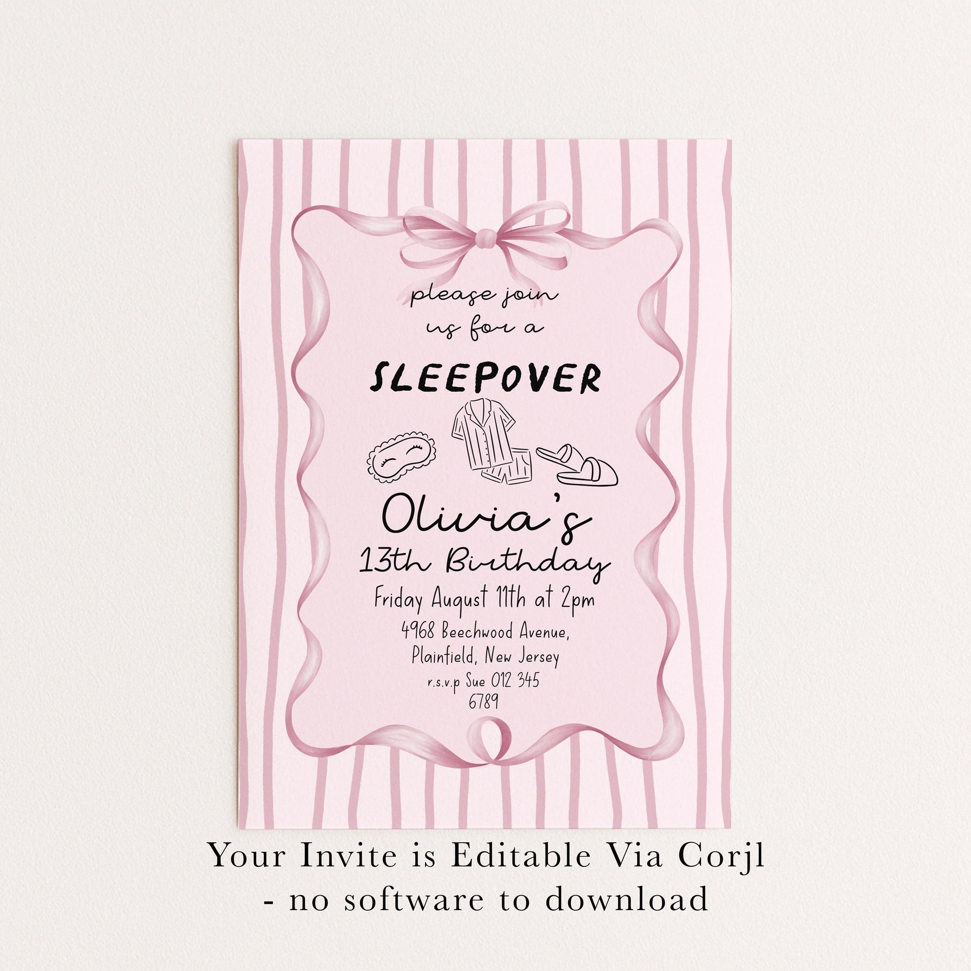 Sleepover Birthday Invitation Girl, 13th Birthday Sleepover Invite, Pink Slumber Party Invite, Teen Girl Party Editable Corjl