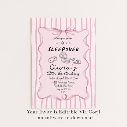 Sleepover Birthday Invitation Girl, 13th Birthday Sleepover Invite, Pink Slumber Party Invite, Teen Girl Party Editable Corjl