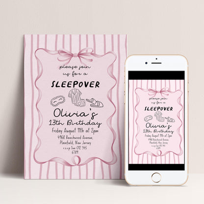 Sleepover Birthday Invitation Girl, 13th Birthday Sleepover Invite, Pink Slumber Party Invite, Teen Girl Party Editable Corjl