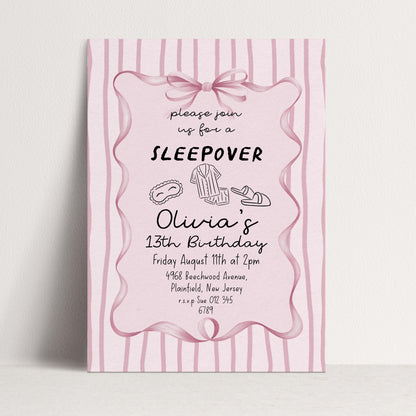 Sleepover Birthday Invitation Girl, 13th Birthday Sleepover Invite, Pink Slumber Party Invite, Teen Girl Party Editable Corjl