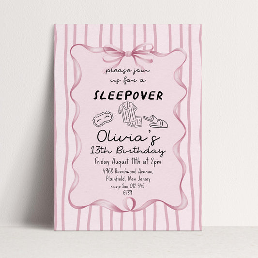Sleepover Birthday Invitation Girl, 13th Birthday Sleepover Invite, Pink Slumber Party Invite, Teen Girl Party Editable Corjl